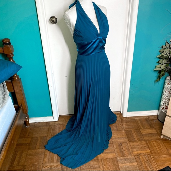 ABS Allen Schwartz Long Teal Blue Halter Evening Gown 4 - Picture 1 of 8